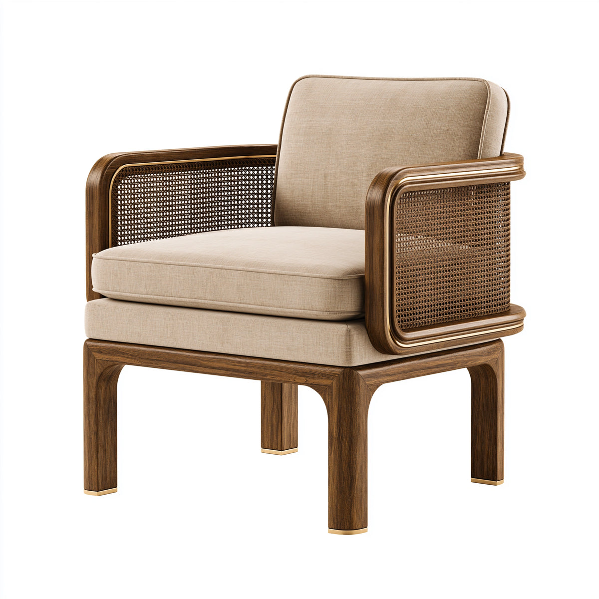 Fauteuil 78 x 82 x 85 cm en bois cannage et tissu beige style contemporain
