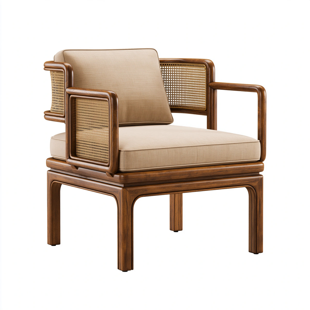 Fauteuil 76 x 78 x 84 cm en bois et cannage brun beige style vintage avec accoudoirs