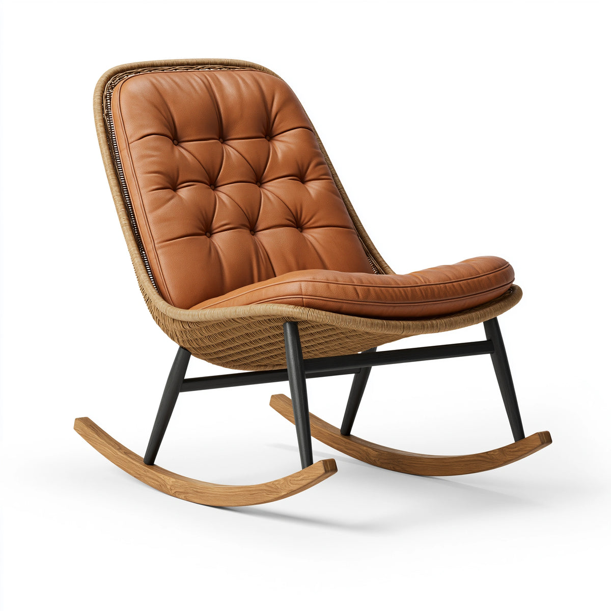 Fauteuil à bascule 85 x 75 x 100 cm en rotin et revêtement aspect cuir cognac style vintage