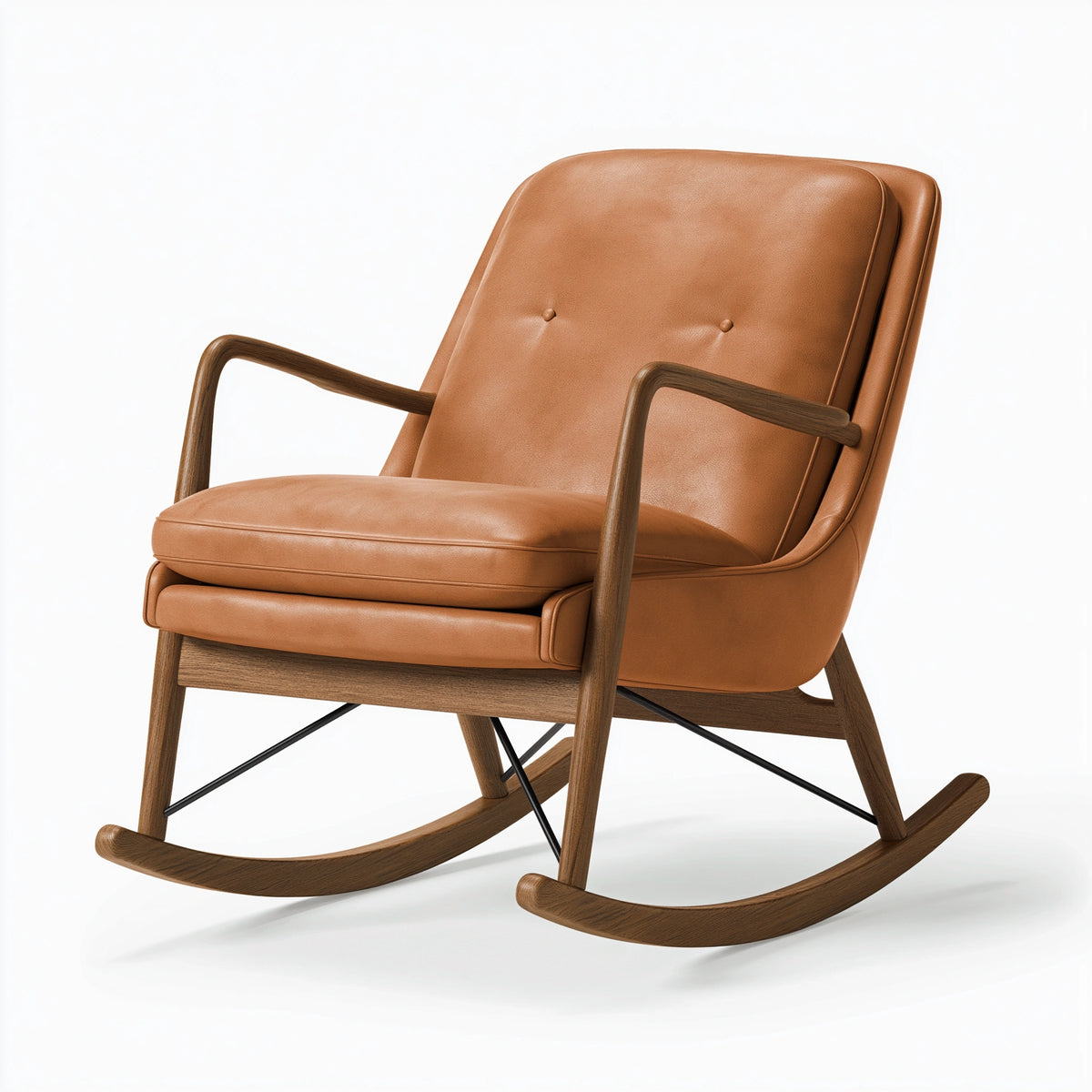 Fauteuil à bascule 70 x 90 x 100 cm en similicuir camel et bois style rétro