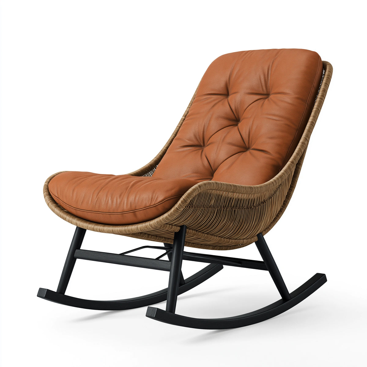 Fauteuil à bascule 82 x 92 x 105 cm en fibres tressées marron avec assise aspect cuir style bohème