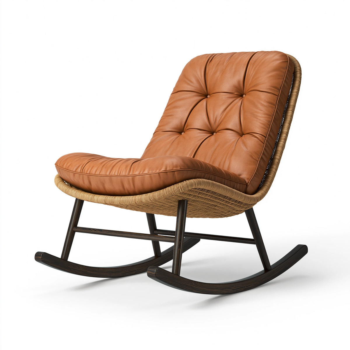 Fauteuil à bascule 75 x 100 x 100 cm bois fibres tressées marron cognac style rétro