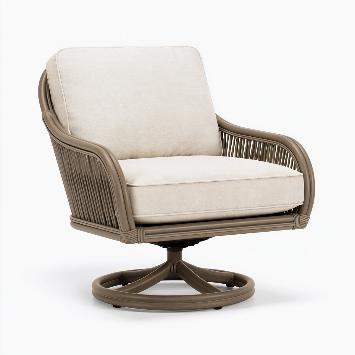 Fauteuil pivotant 76 x 79 x 94 cm en rotin taupe et tissu beige style bohème