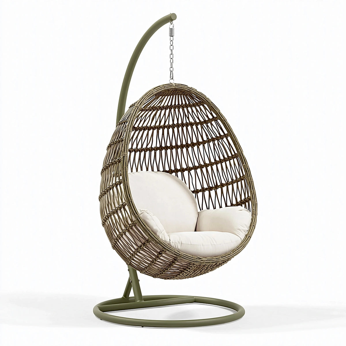 Fauteuil suspendu 105 x 105 x 195 cm en fibres tressées naturelles et métal vert olive - style bohème