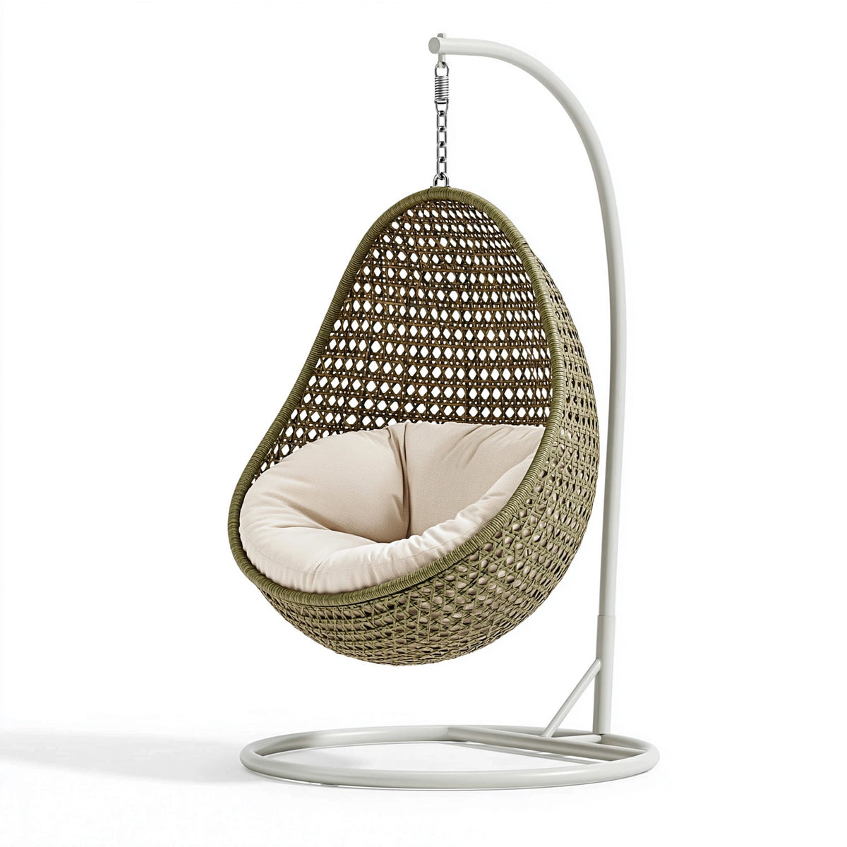 Fauteuil suspendu 105 x 105 x 195 cm en résine tressée vert olive avec support en métal pour intérieur