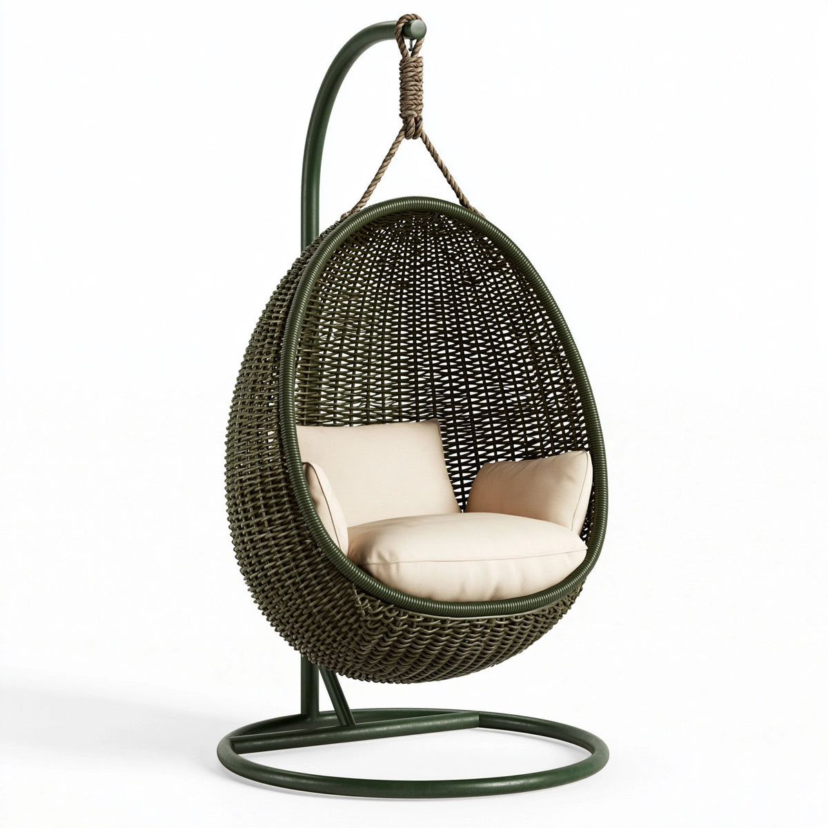 Fauteuil suspendu de jardin 105 x 105 x 195 cm en résine tressée vert avec support métal