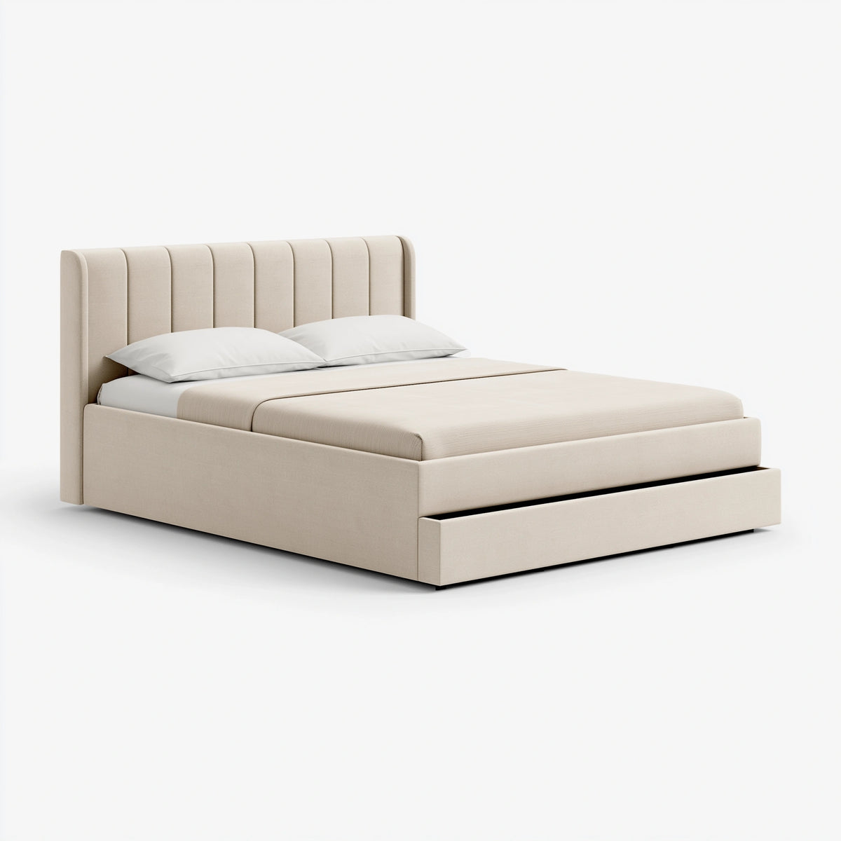 Lit double 160 x 200 cm en tissu beige avec tiroir de rangement style contemporain
