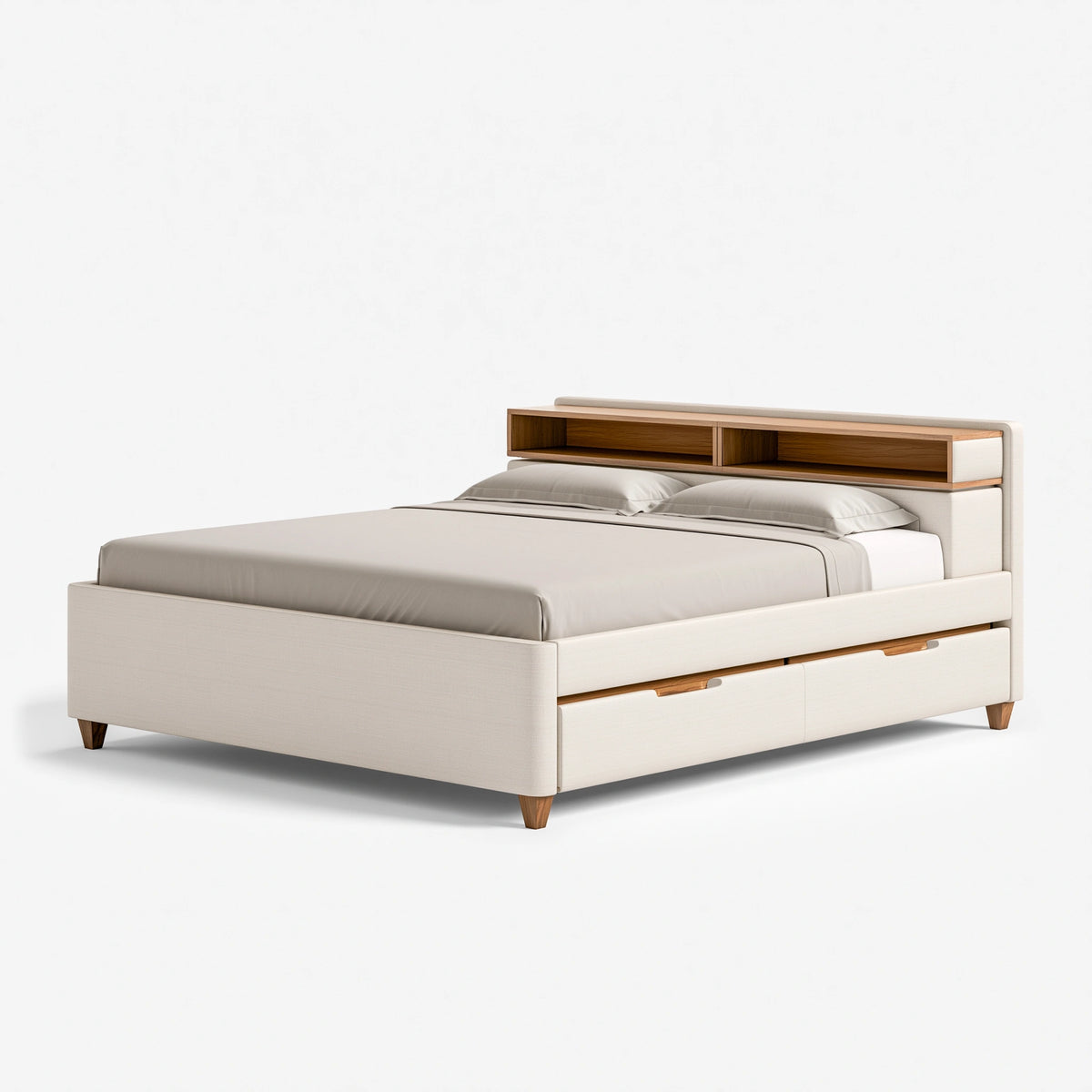 Lit double 160 x 200 cm en bois et tissu blanc avec rangement intégré