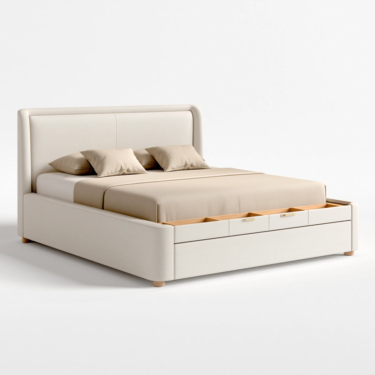 Lit coffre 160 x 200 cm en tissu beige avec rangements intégrés style contemporain