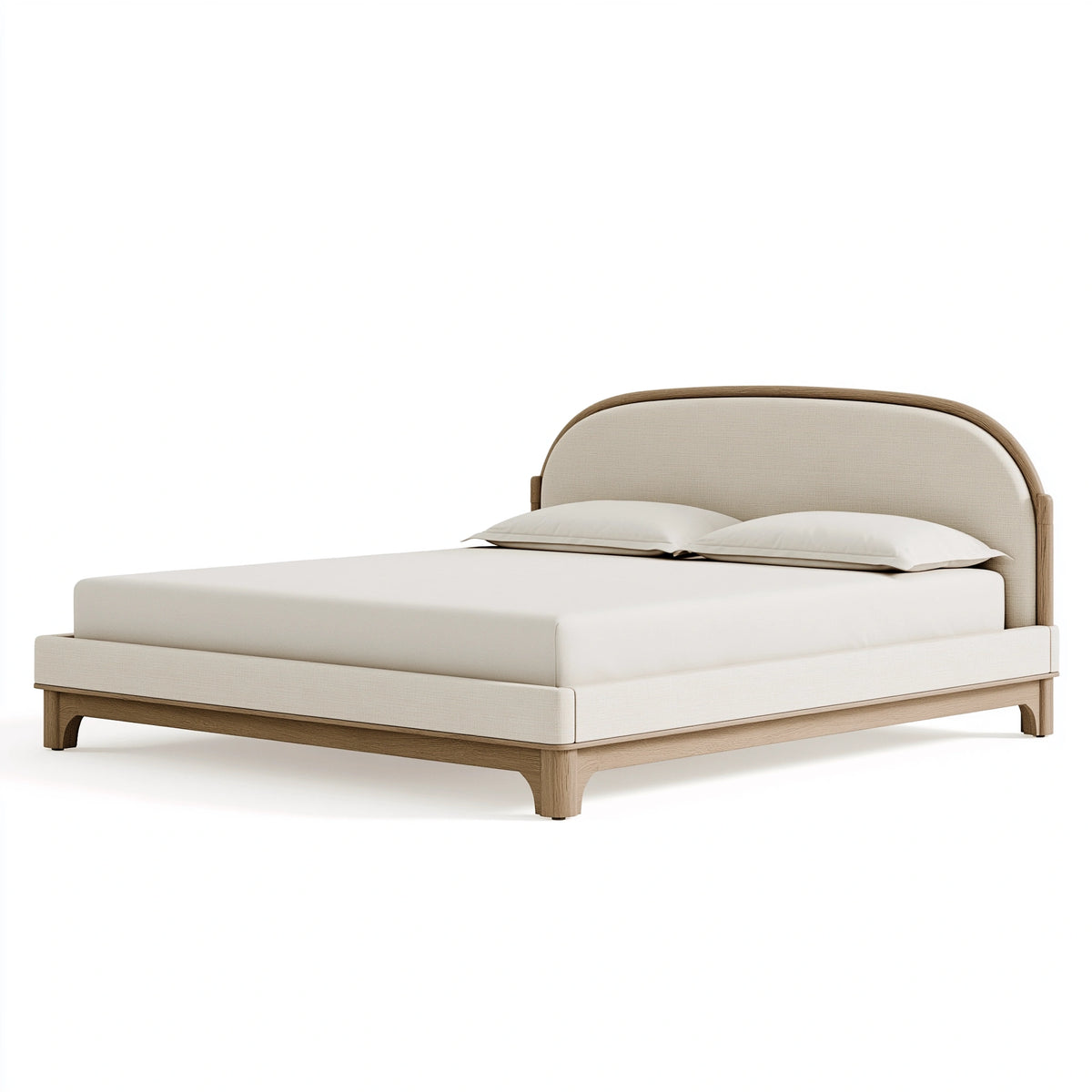 Lit 160 x 200 cm en bois et tissu beige avec tête de lit arrondie