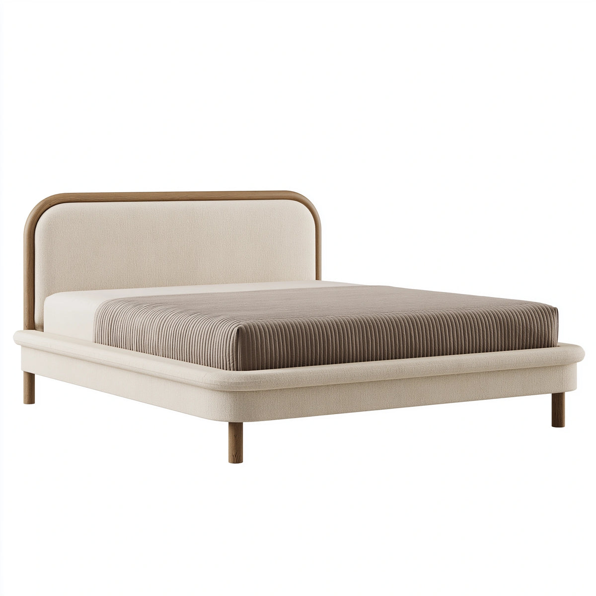 Lit 160 x 200 cm en tissu beige et bois marron - Style contemporain capitonné
