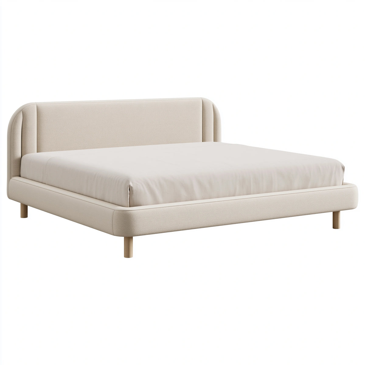 Lit double 160 x 200 cm en tissu bouclette beige avec tête de lit capitonnée style contemporain