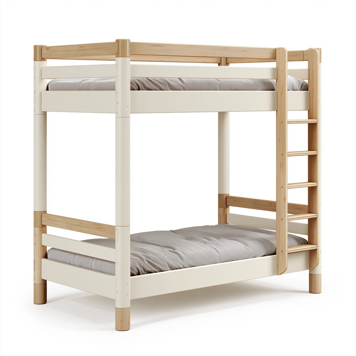 Lit superposé 90 x 200 cm en bois blanc et naturel avec échelle