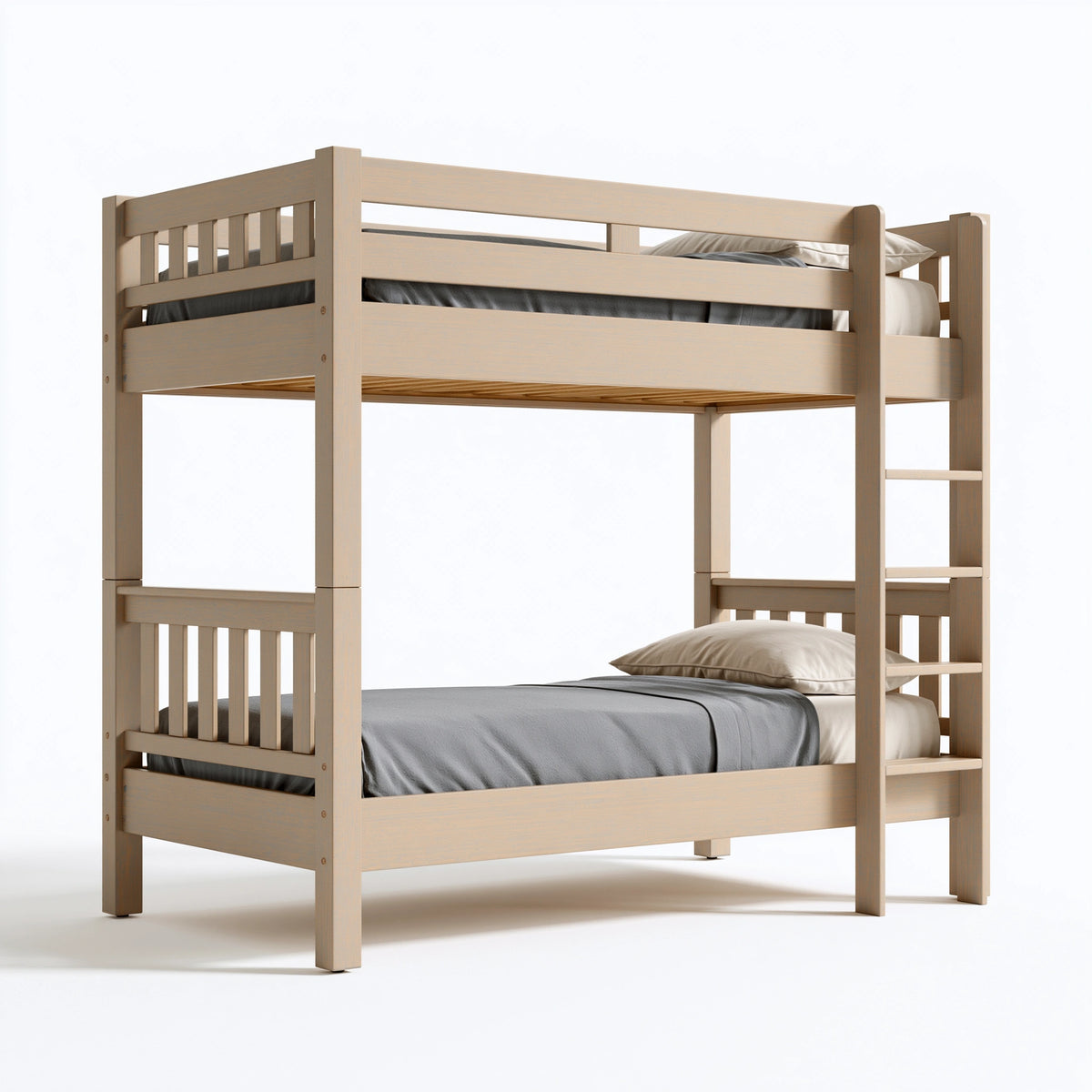 Lit superposé 90 x 190 cm en bois beige avec échelle et barrières