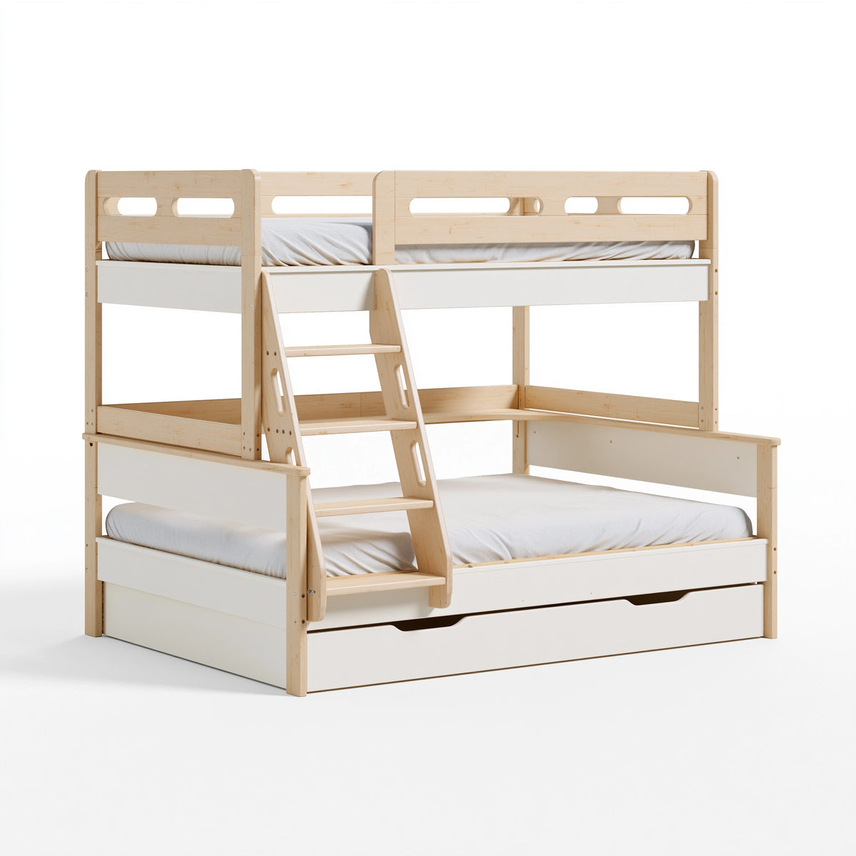 Lit superposé 200 x 150 x 170 cm en bois naturel et blanc avec échelle et tiroir de rangement
