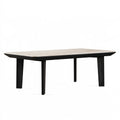 Table à manger 200 x 100 x 75 cm plateau aspect pierre beige pieds en bois noir style contemporain